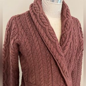 Aran Wool Cardigan Sweater Maroon color. Size S